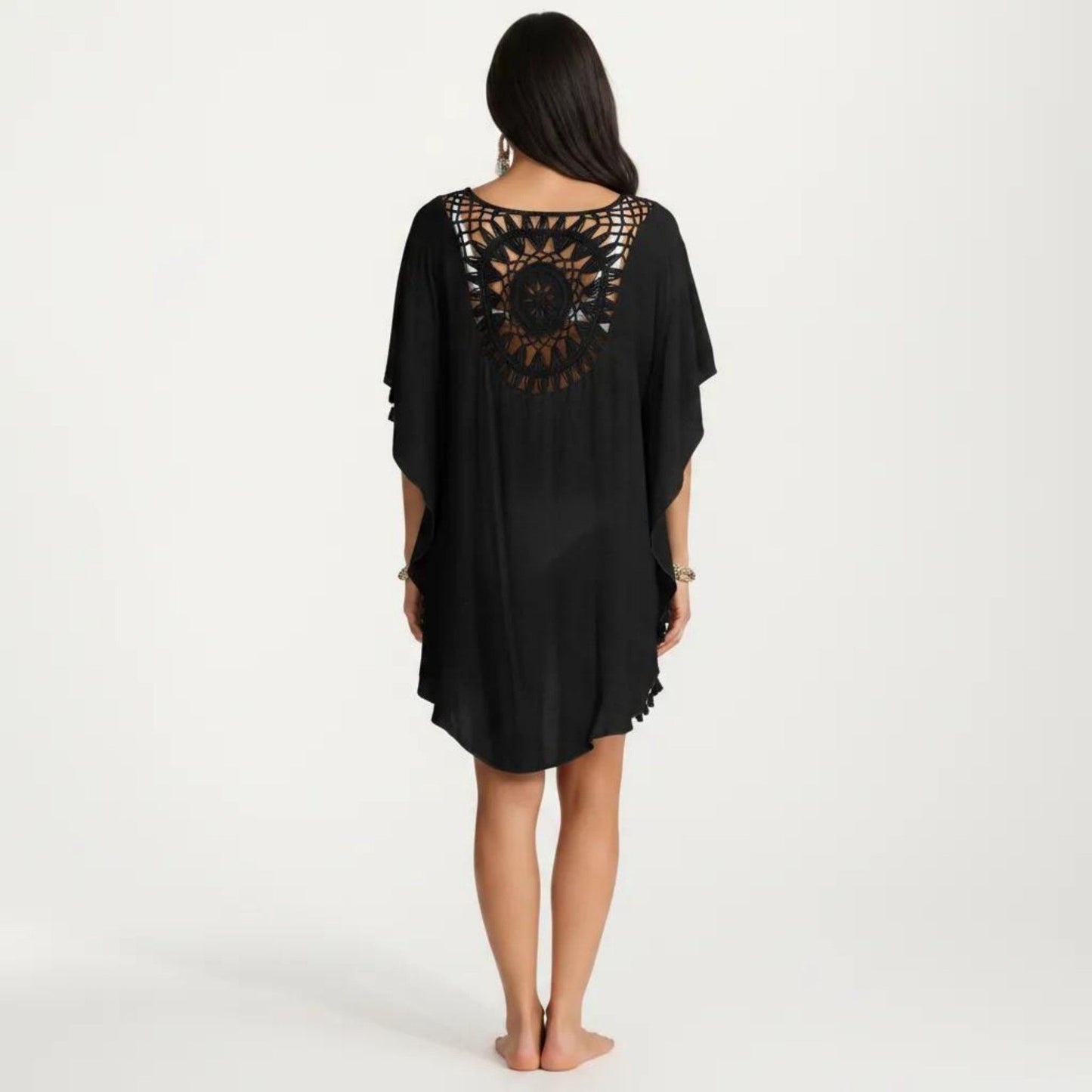Crochet Medallion Swim Cover Up Dress with Tassel Trim and Relaxed Boho Silhouette