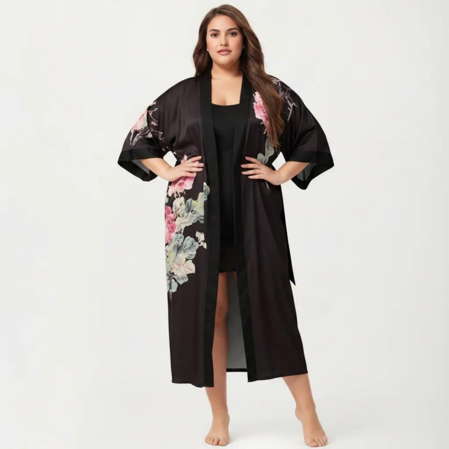 Plus Size 2-Piece Floral Kimono Robe Set with Short Sleeve Open Front Longline Cover Up and Matching Inner Dress