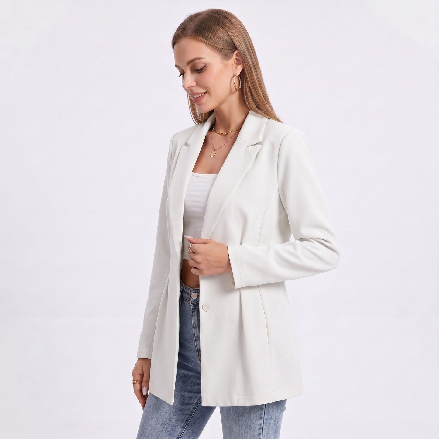 Longline Single Button Blazer with Notched Lapels