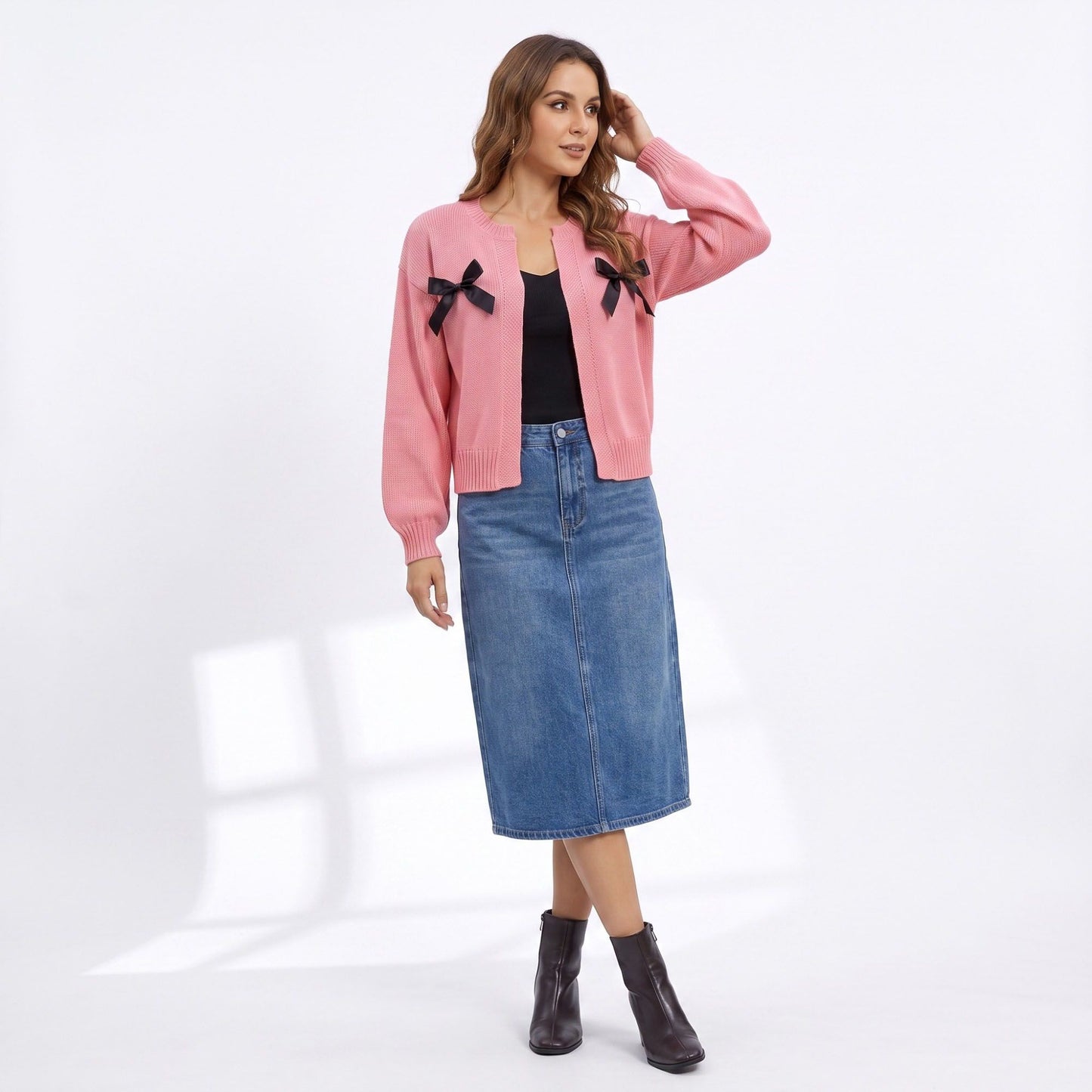 Bow Detail Open Front Knit Cardigan Sweater