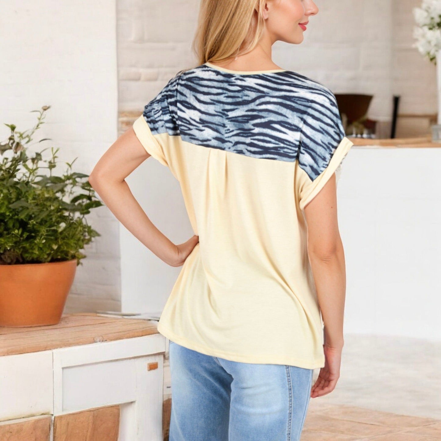 Short Sleeve Zebra Print Top with Rolled Cuffs