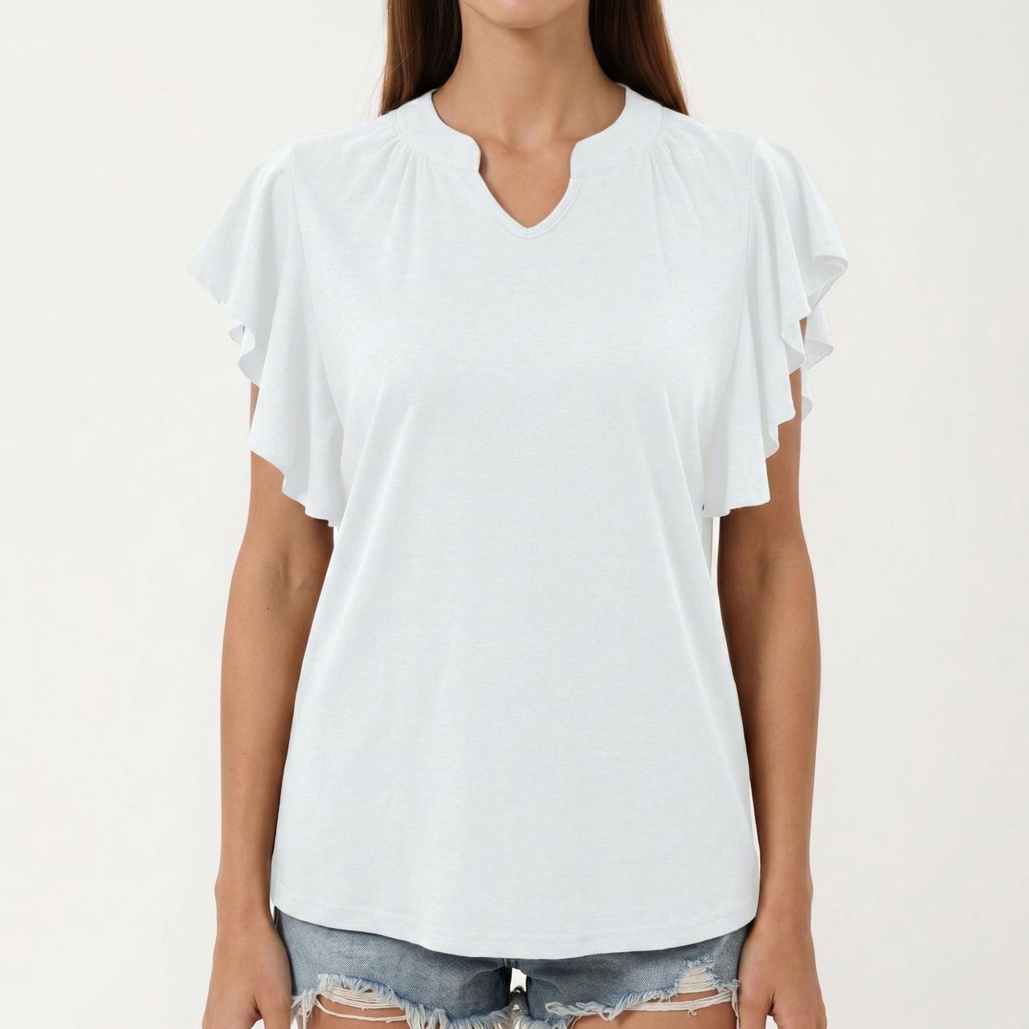 Short Sleeve Top with Flutter Ruffle Sleeves and Split V Neck Relaxed Fit Casual Shirt