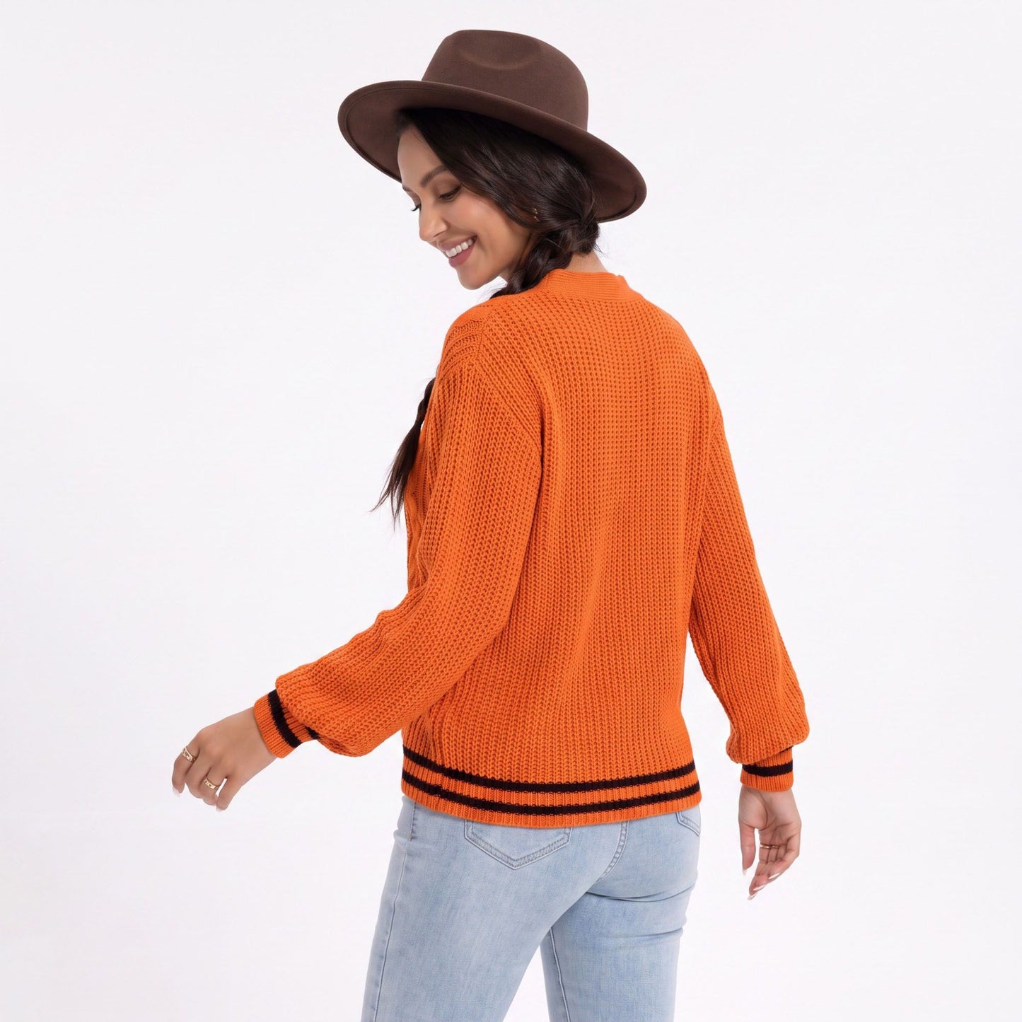 Cutout V Neck Cable Knit Long Sleeve Sweater with Contrast Stripe Trim