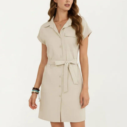 Short Sleeve Button Front Shirt Dress with Collared Neckline and Adjustable Waist Tie