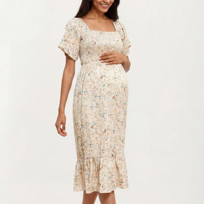 Maternity Floral Square Neck Midi Dress with Smocked Bodice and Flutter Sleeves