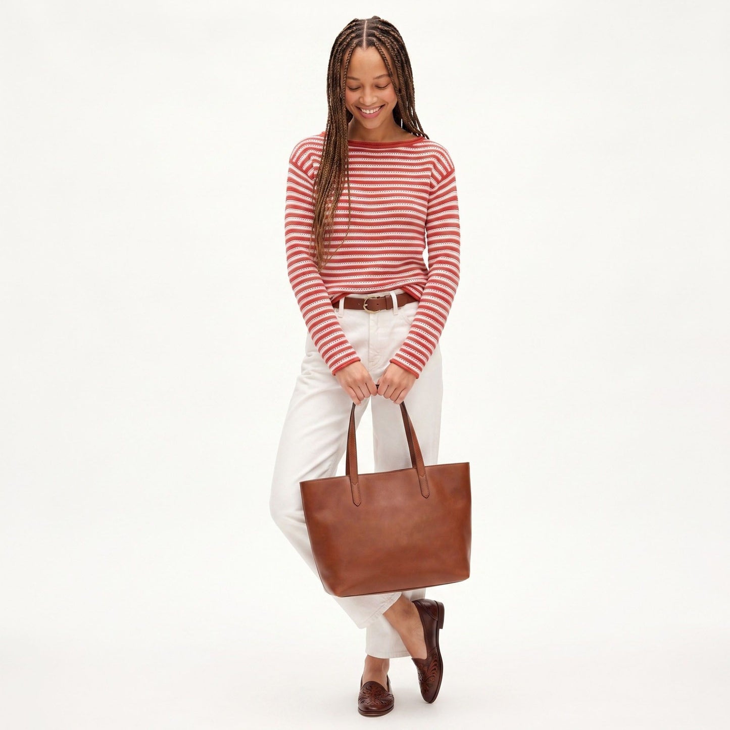 Striped Pointelle Knit Boat Neck Long Sleeve Sweater