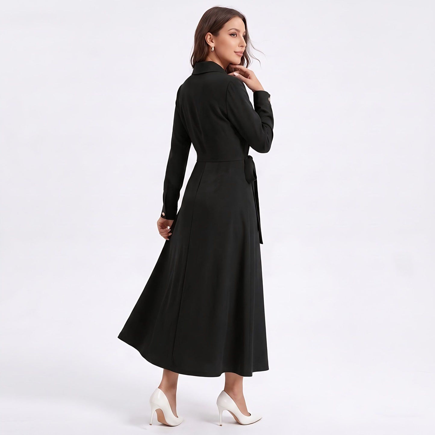 Long Sleeve Belted Trench Coat with Notched Lapels and Button Front