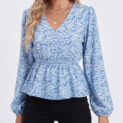 Printed Peplum Blouse V Neck Long Sleeve Casual Top
