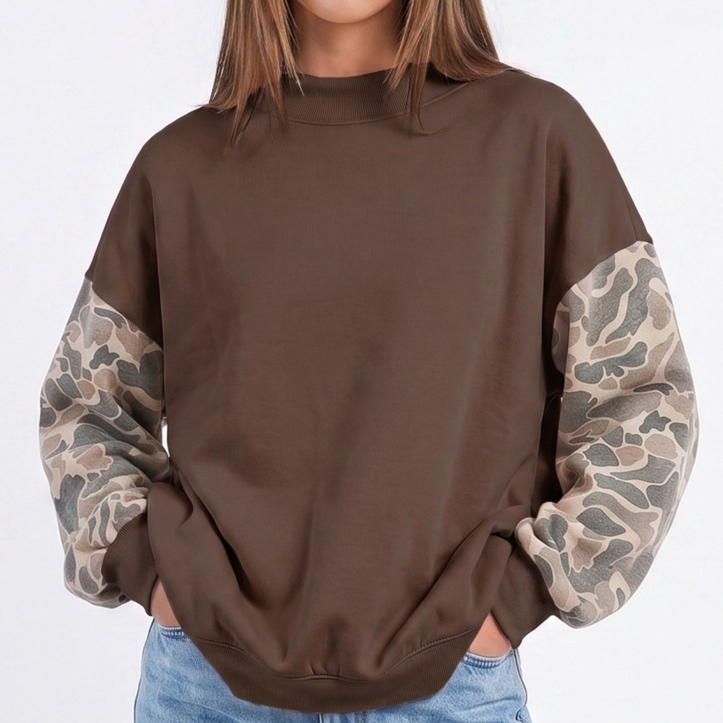 Camo Sleeve Mock Neck Long Sleeve Pullover Sweatshirt