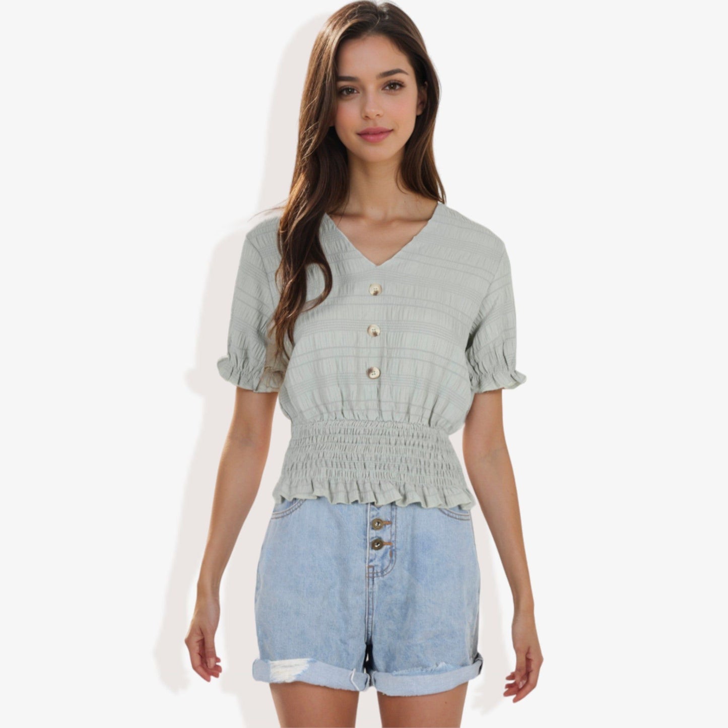 V-Neck Button Front Smocked Waist Short Sleeve Blouse