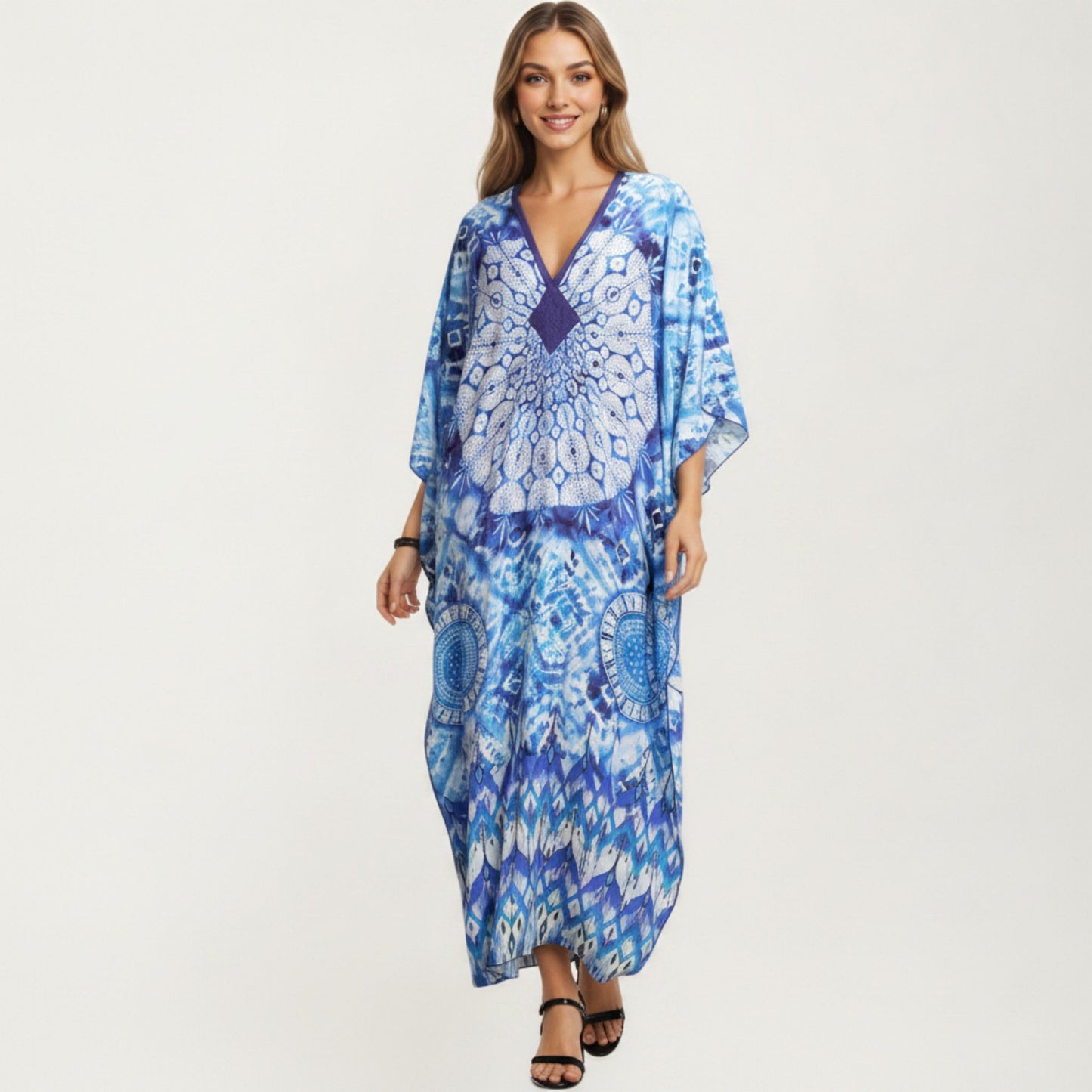 Tie Dye Medallion Kaftan Maxi Dress with V-Neckline and Relaxed Flowy Silhouette