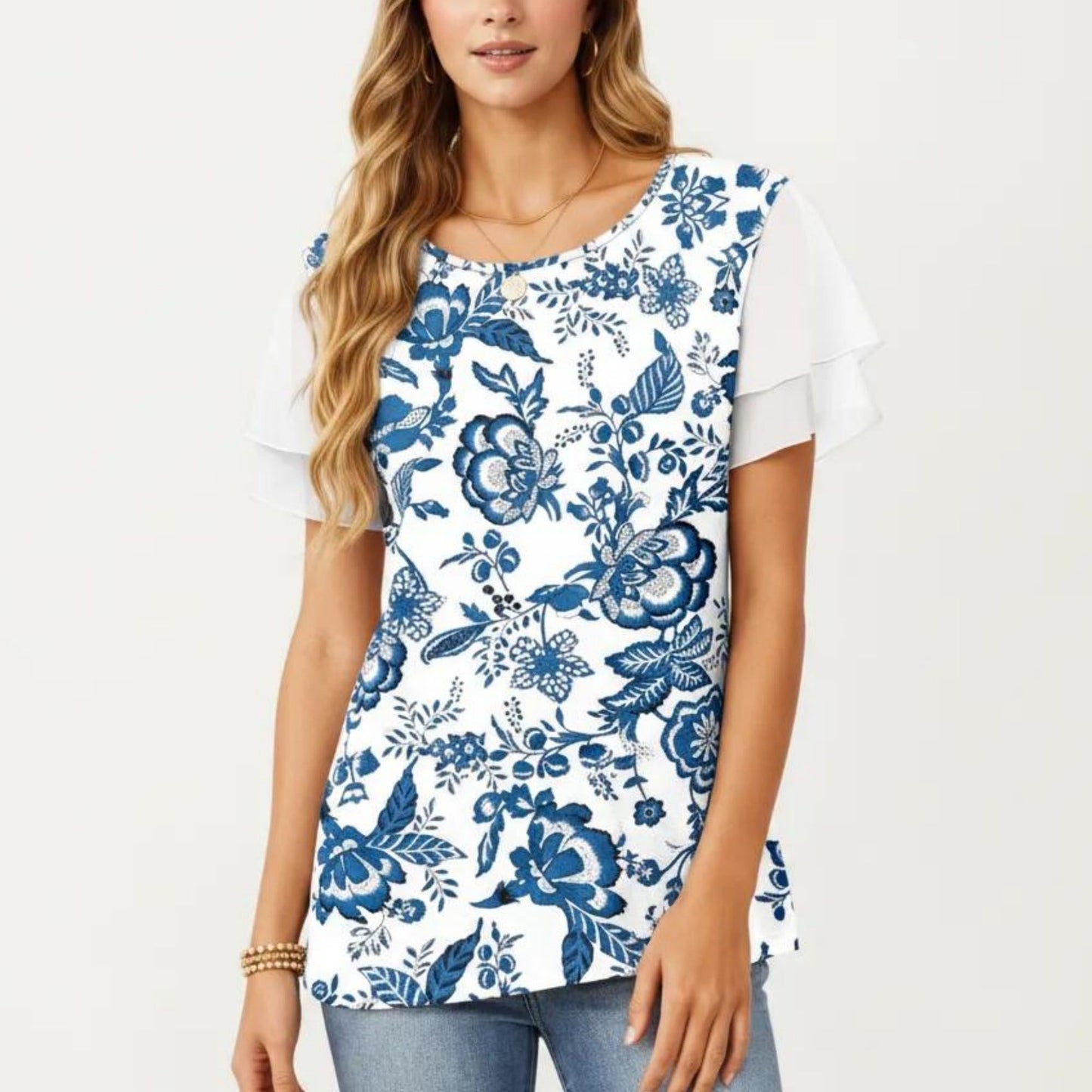 Short Sleeve Top with Leopard Print Mesh Sleeves Round Neck Relaxed Fit Casual Shirt