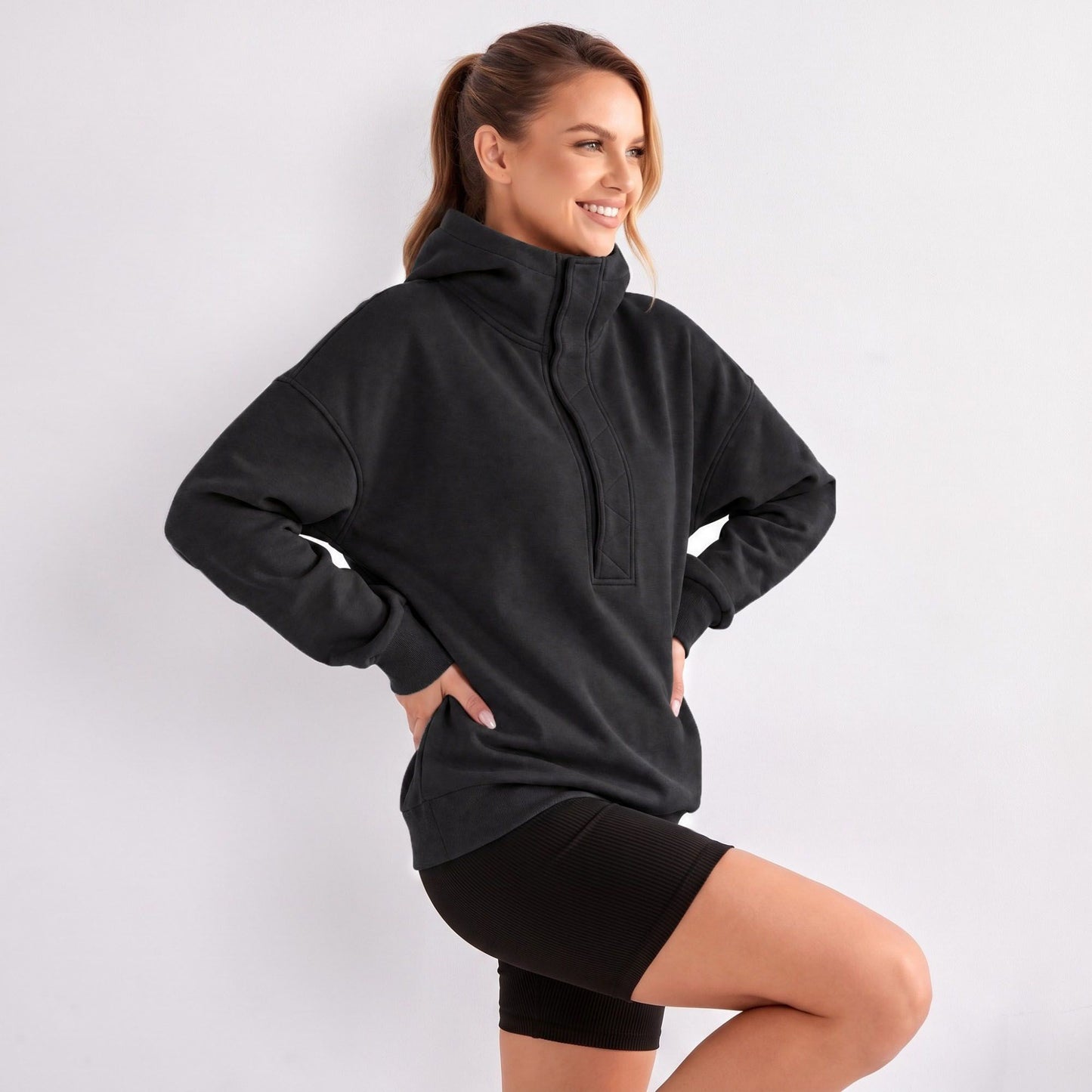 Snap Button Hooded Long Sleeve Pullover Sweatshirt