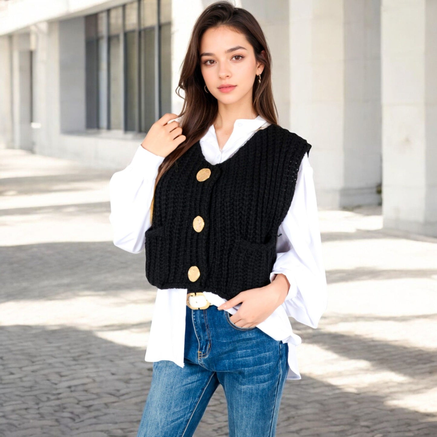 Chunky Knit Vest with Oversized Buttons and Front Pockets