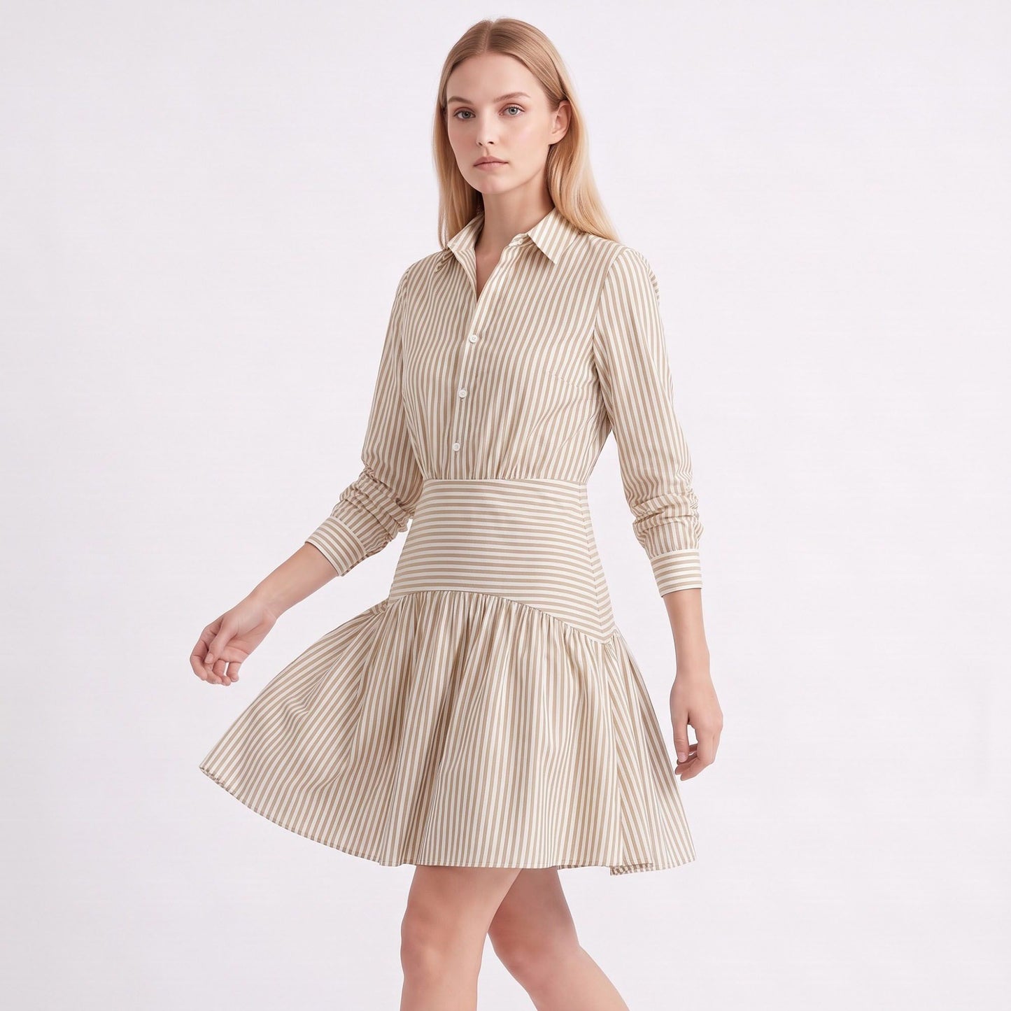 Striped Long Sleeve Collared Shirt Dress with Drop Waist