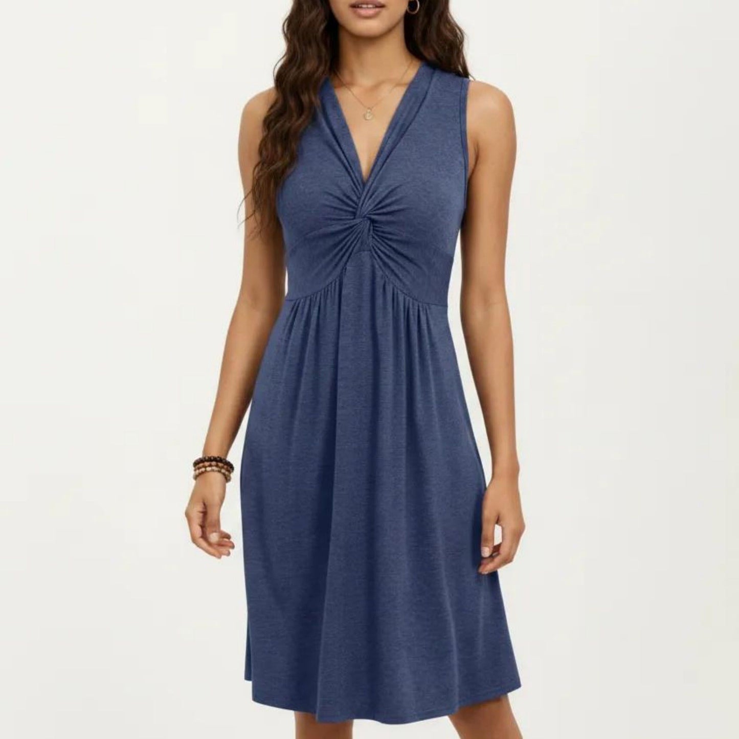 Sleeveless V Neck Midi Dress with Front Twist Detail and Flowy A Line Silhouette