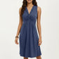 Sleeveless V Neck Midi Dress with Front Twist Detail and Flowy A Line Silhouette