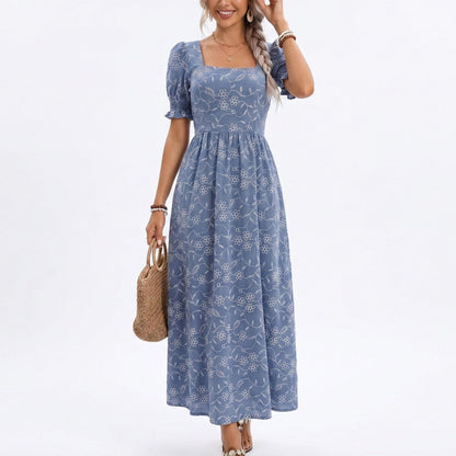 Floral Embroidered Puff Sleeve Midi Dress