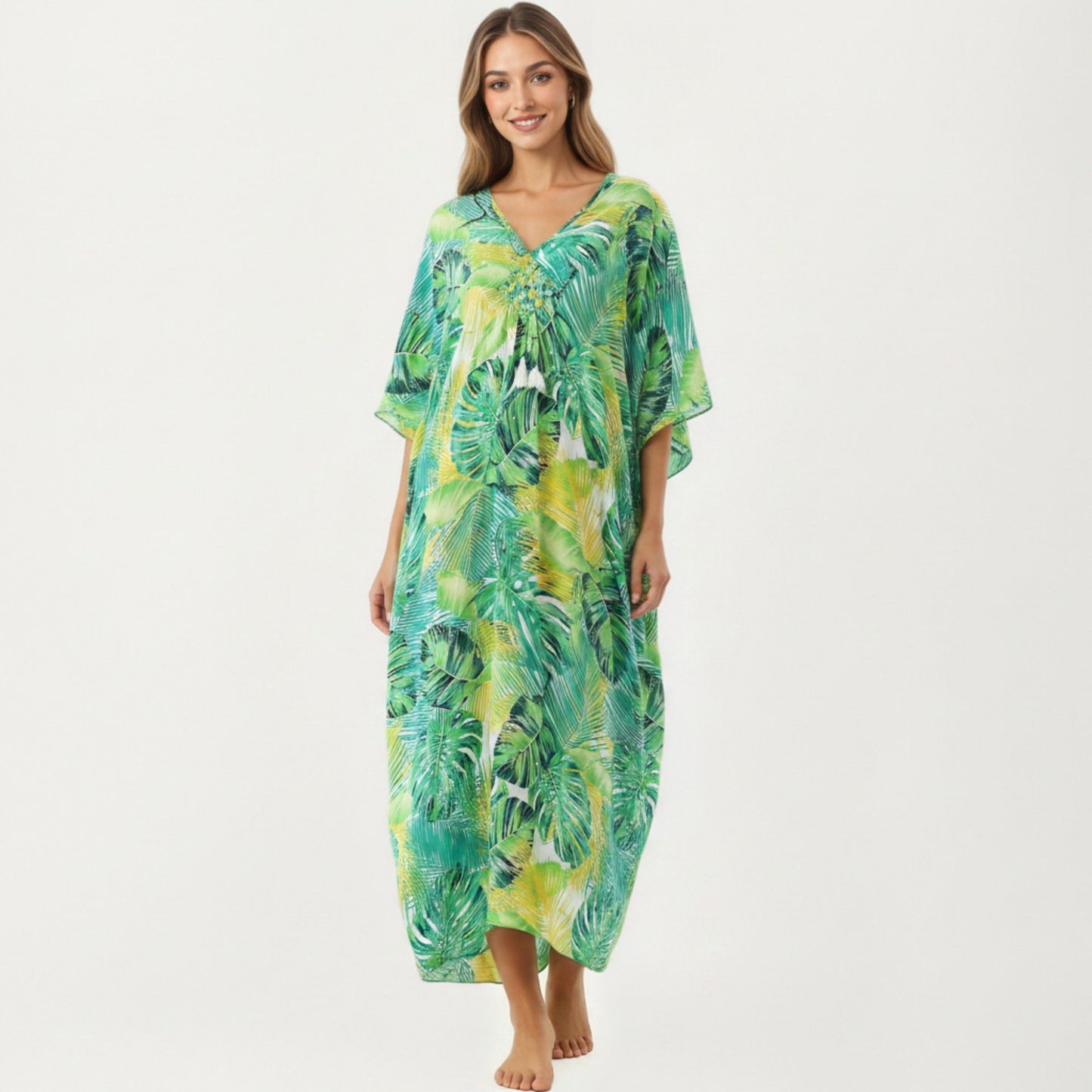 Paisley Print Maxi Dress with V-Neckline Short Sleeves and Relaxed Flowing Silhouette
