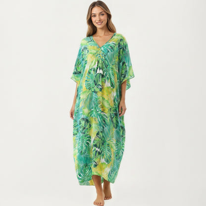 Paisley Print Maxi Dress with V-Neckline Short Sleeves and Relaxed Flowing Silhouette