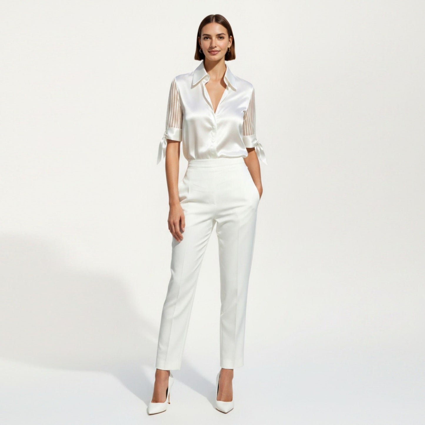 Satin Collared Blouse with Sheer Stripe Sleeves and Bow Tie Cuffs