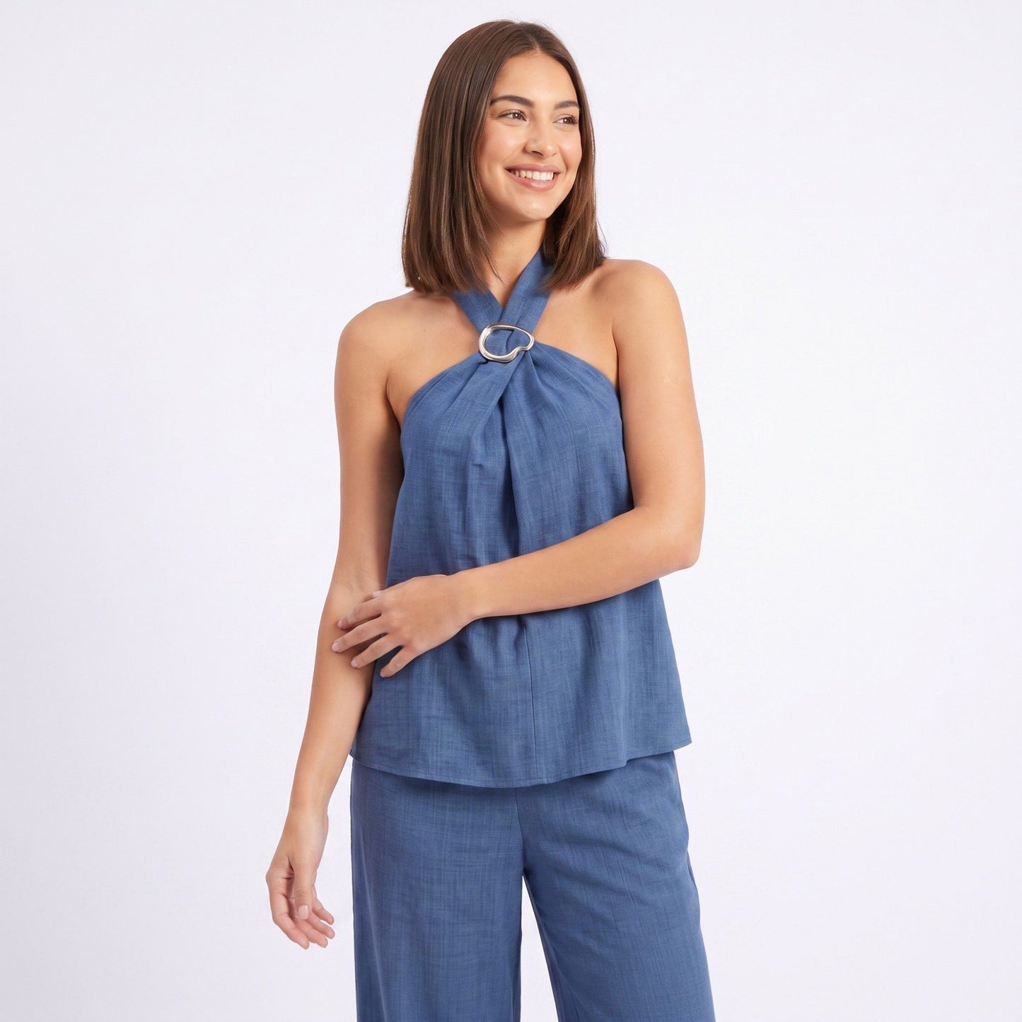 2-Piece Set Halter Ring Top and Wide Leg Pants Matching Outfit