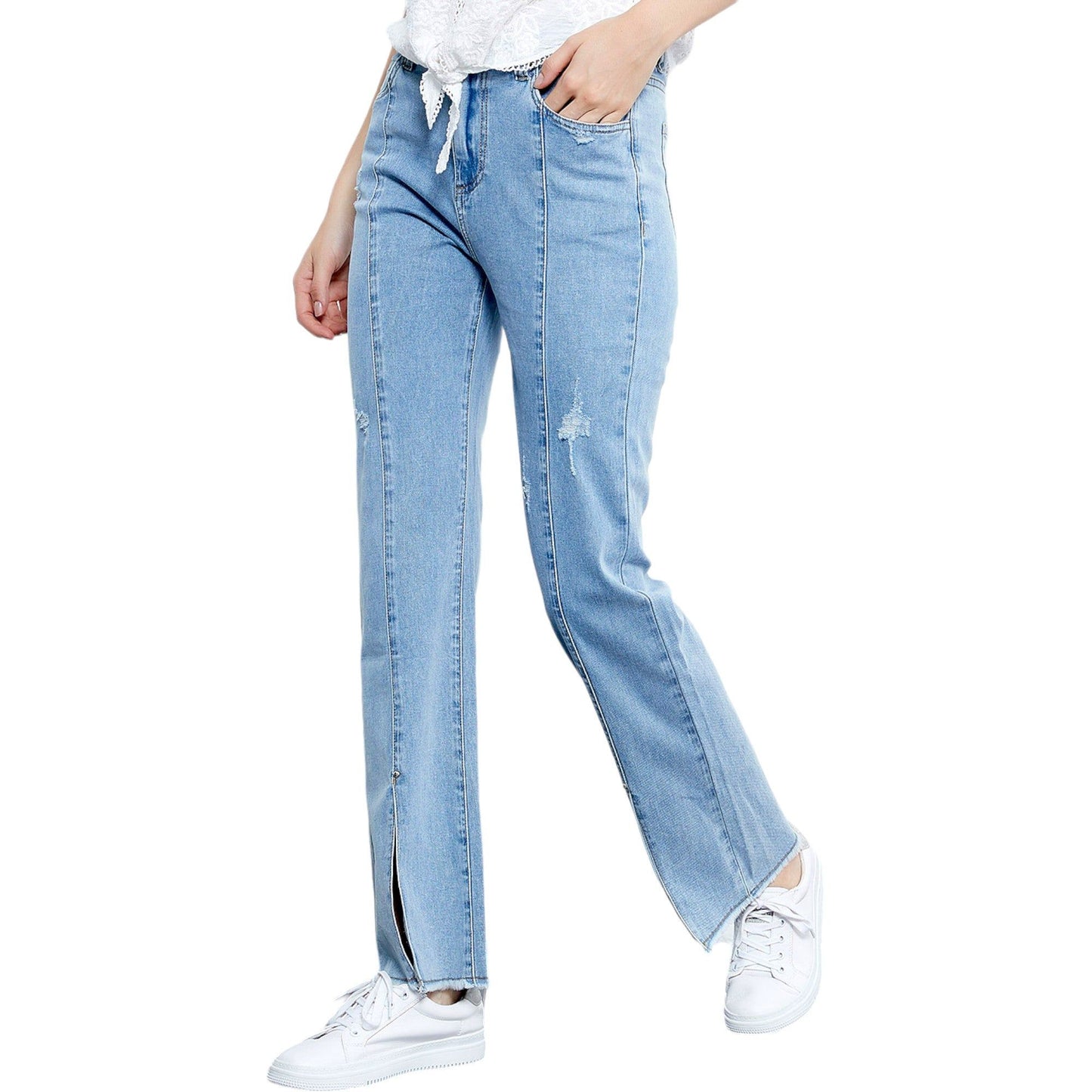 Mid Rise Slit Stretchy Straight Leg Jeans Pants 5 Pockets