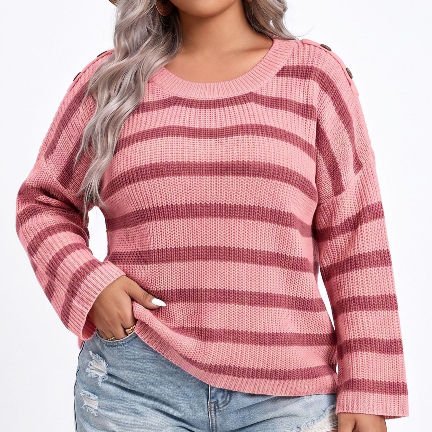 Plus Size Striped Crewneck Button Shoulder Sweater