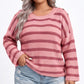 Plus Size Striped Crewneck Button Shoulder Sweater