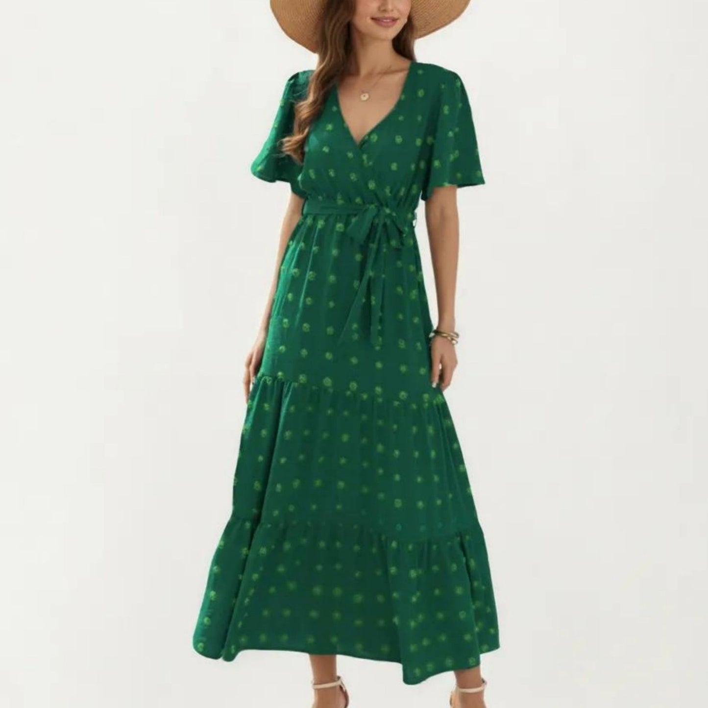 Short Sleeve Maxi Dress with Wrap Front Waist Tie and Tiered Skirt