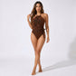 Metallic Halter One Piece Swimsuit with Front Cutout and Waist Tie