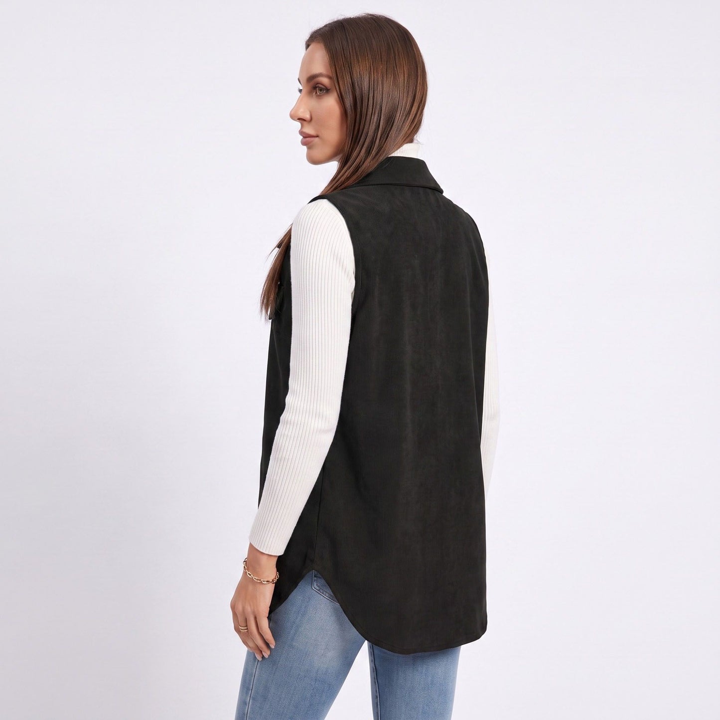 Button Front Corduroy Vest with Flap Pockets