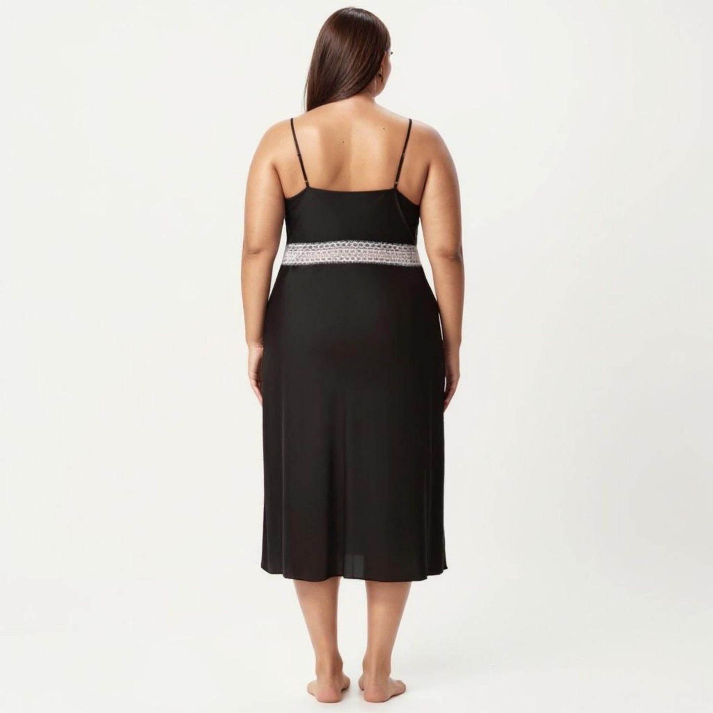 Plus Size Satin Slip Dress with Lace Waist Detail Adjustable Spaghetti Straps Midi Sleepwear Nightgown