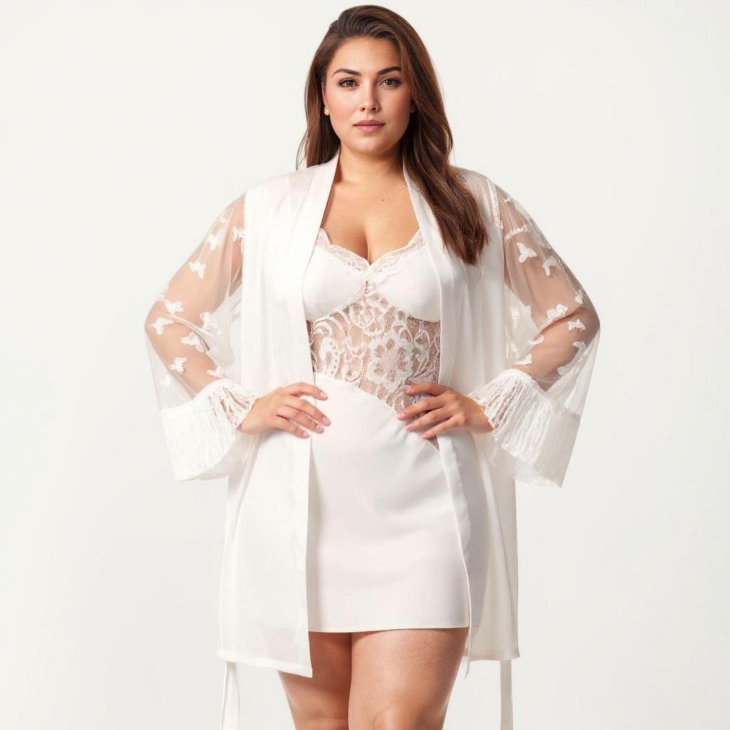 Plus Size Sheer Mesh Lace Trim Robe Lightweight Long Sleeve Sleepwear