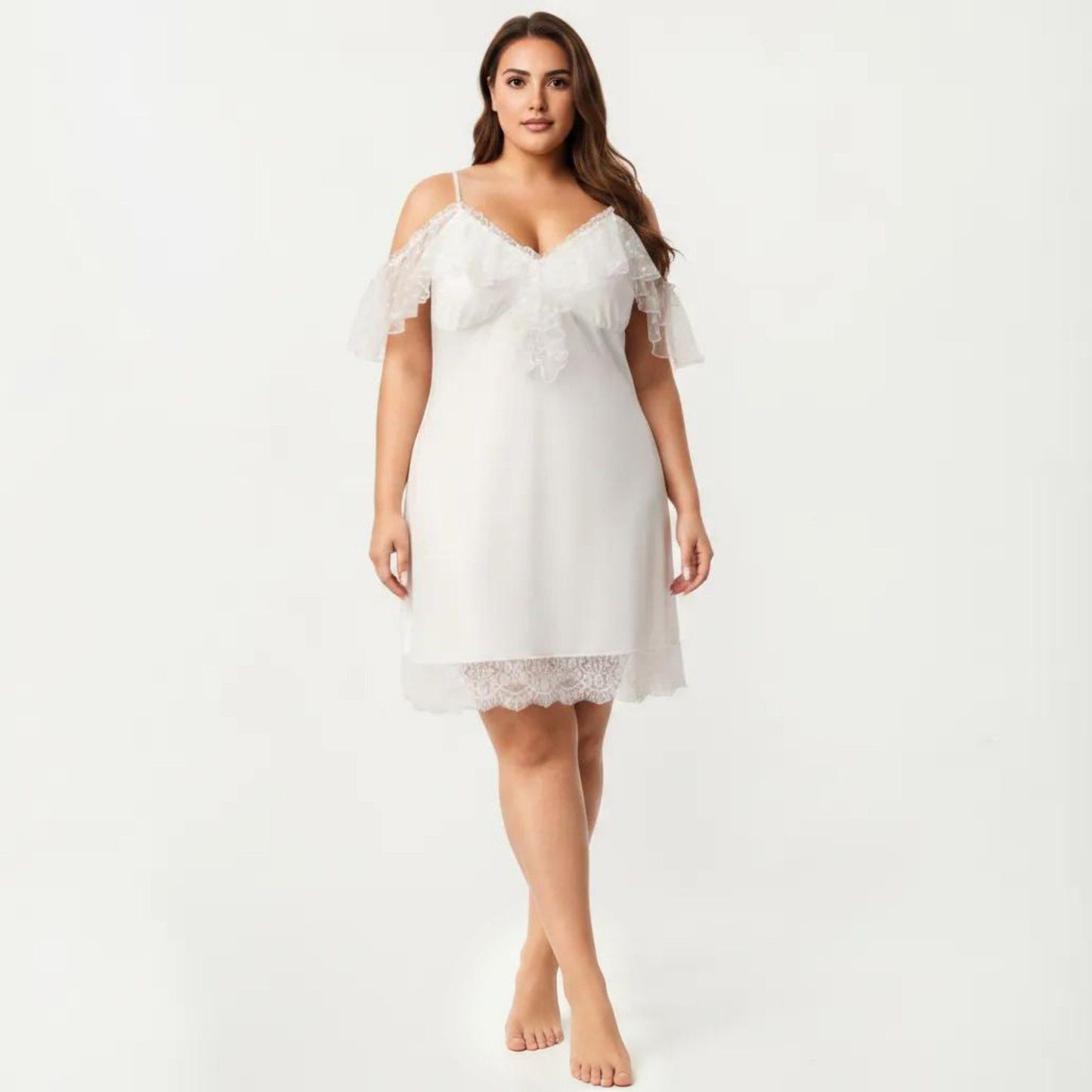 Plus Size Chiffon Chemise Ruffle Sleeve Lace Trim Nightgown Adjustable Strap Sleep Dress