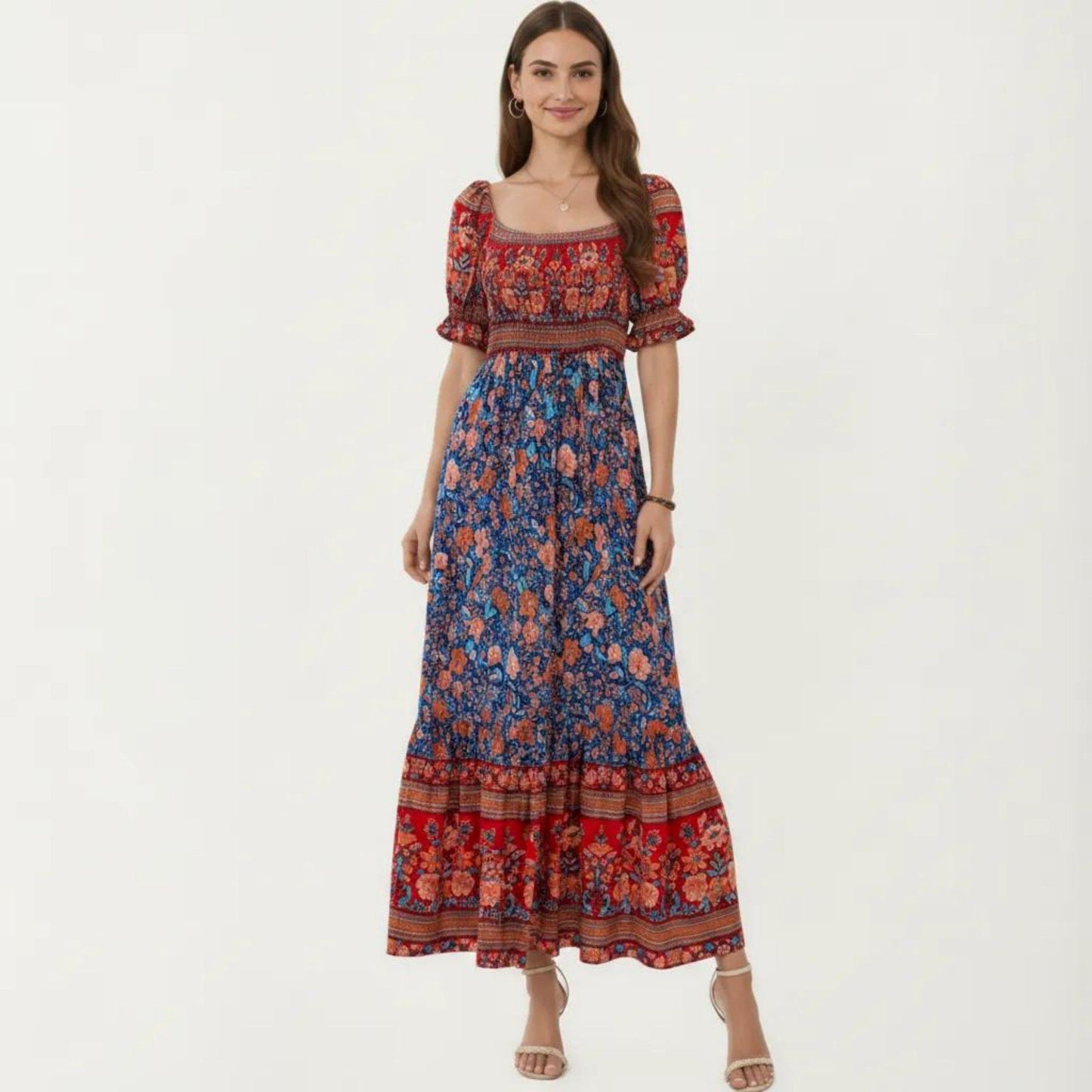 Puff Sleeve Maxi Dress with Mixed Floral Print and Border Hem
