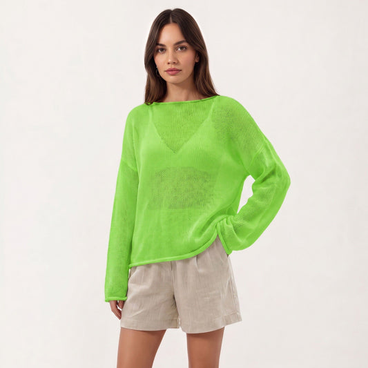 Women's Lightweight Open Knit Long Sleeve Sweater Top with Relaxed Fit and Subtle Sheer Texture