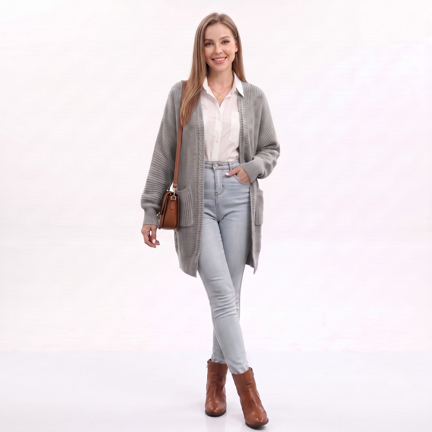Long Open Front Knit Cardigan with Pockets