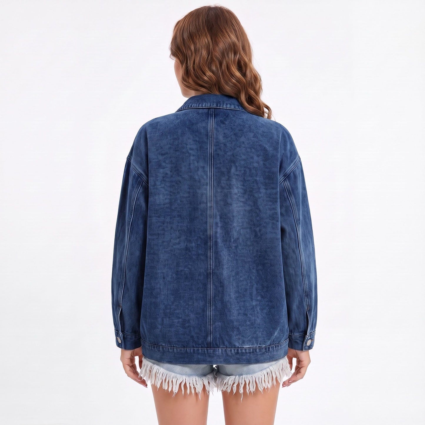 Oversized Denim Jacket Button Front Long Sleeve Jean Jacket With Patch Pockets