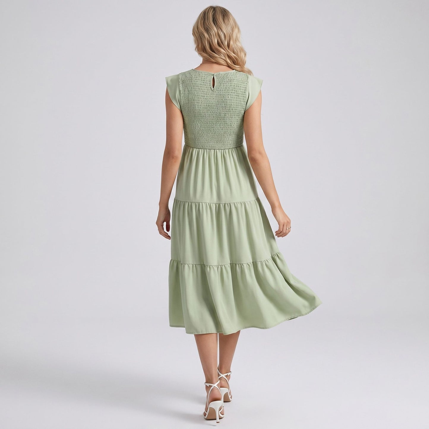 Maternity Smocked Tiered Midi Dress with Cap Sleeves and Round Neck