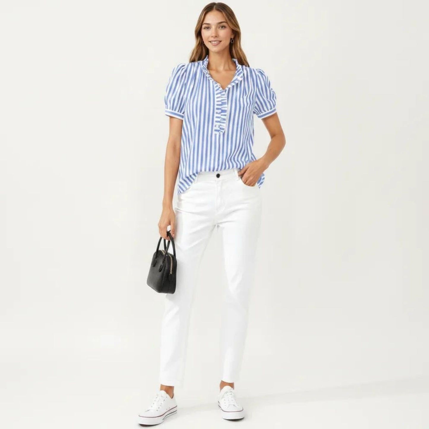 Short Sleeve Striped Blouse with Ruffle Trim V Neck Puff Sleeve Lightweight Pullover Shirt