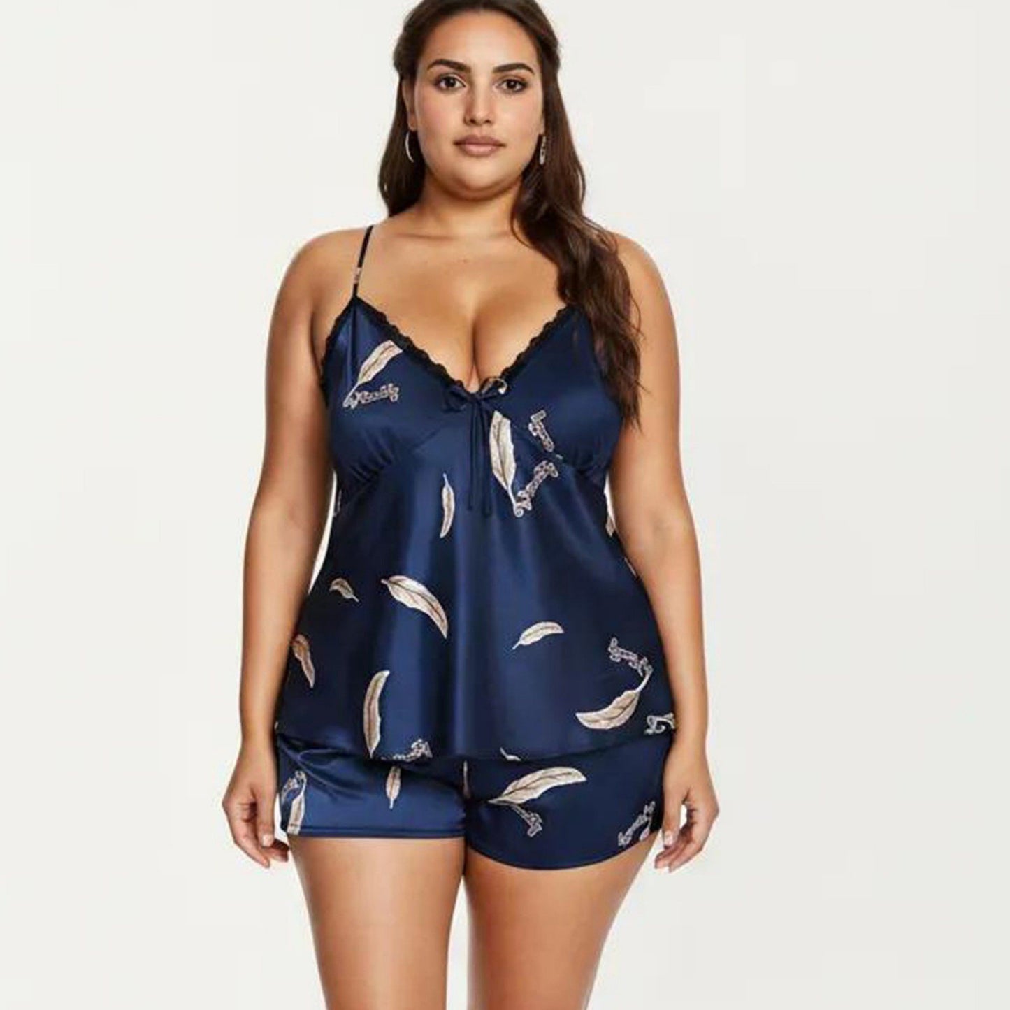 Plus Size 2-Piece Satin Pajama Set with Lace Trim Cami Top Adjustable Straps Relaxed Fit Shorts Sleepwear Set