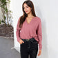 Long Sleeve Waffle Knit Top Notched Neckline Chest Pocket