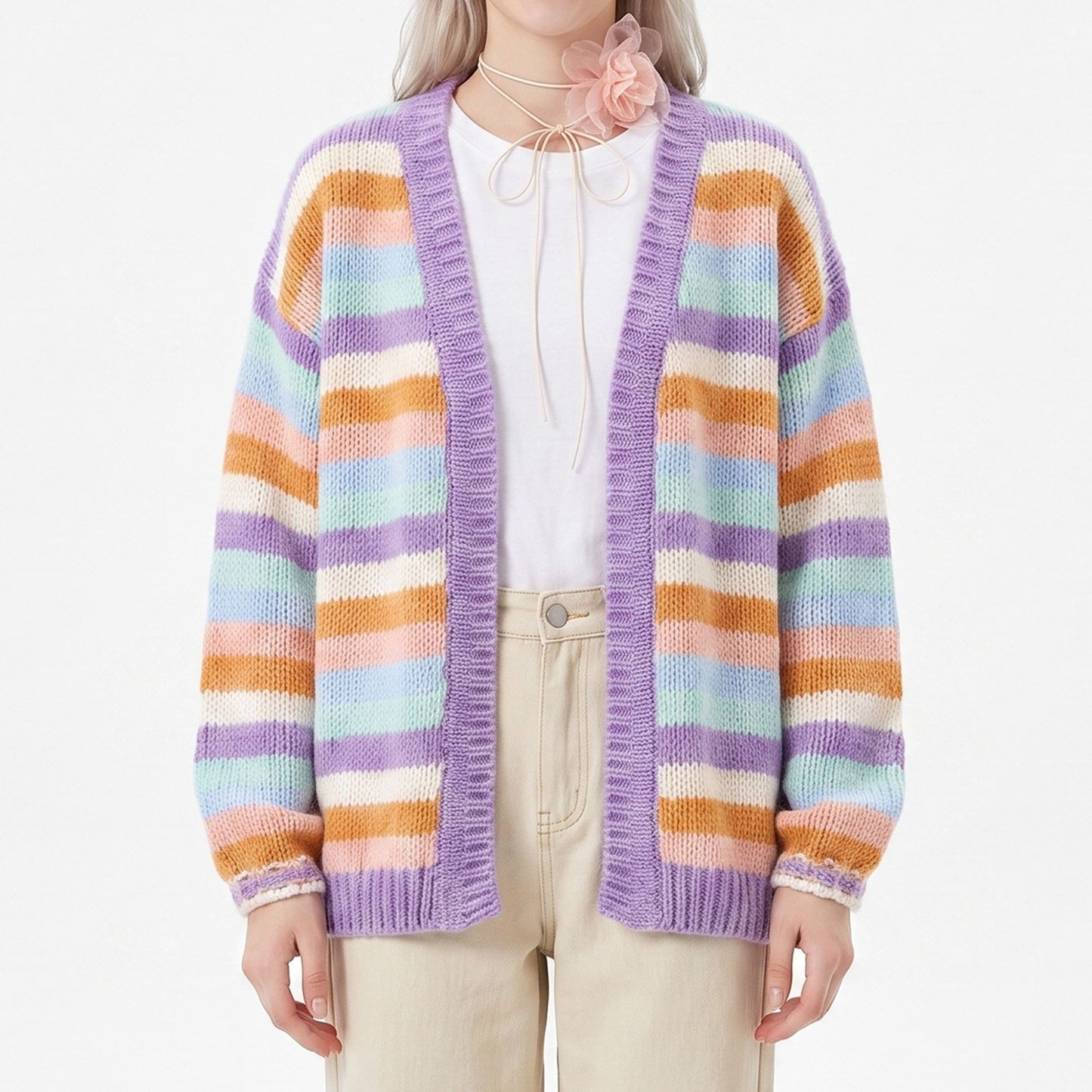 Multicolor Striped Open Front Knit Cardigan Sweater