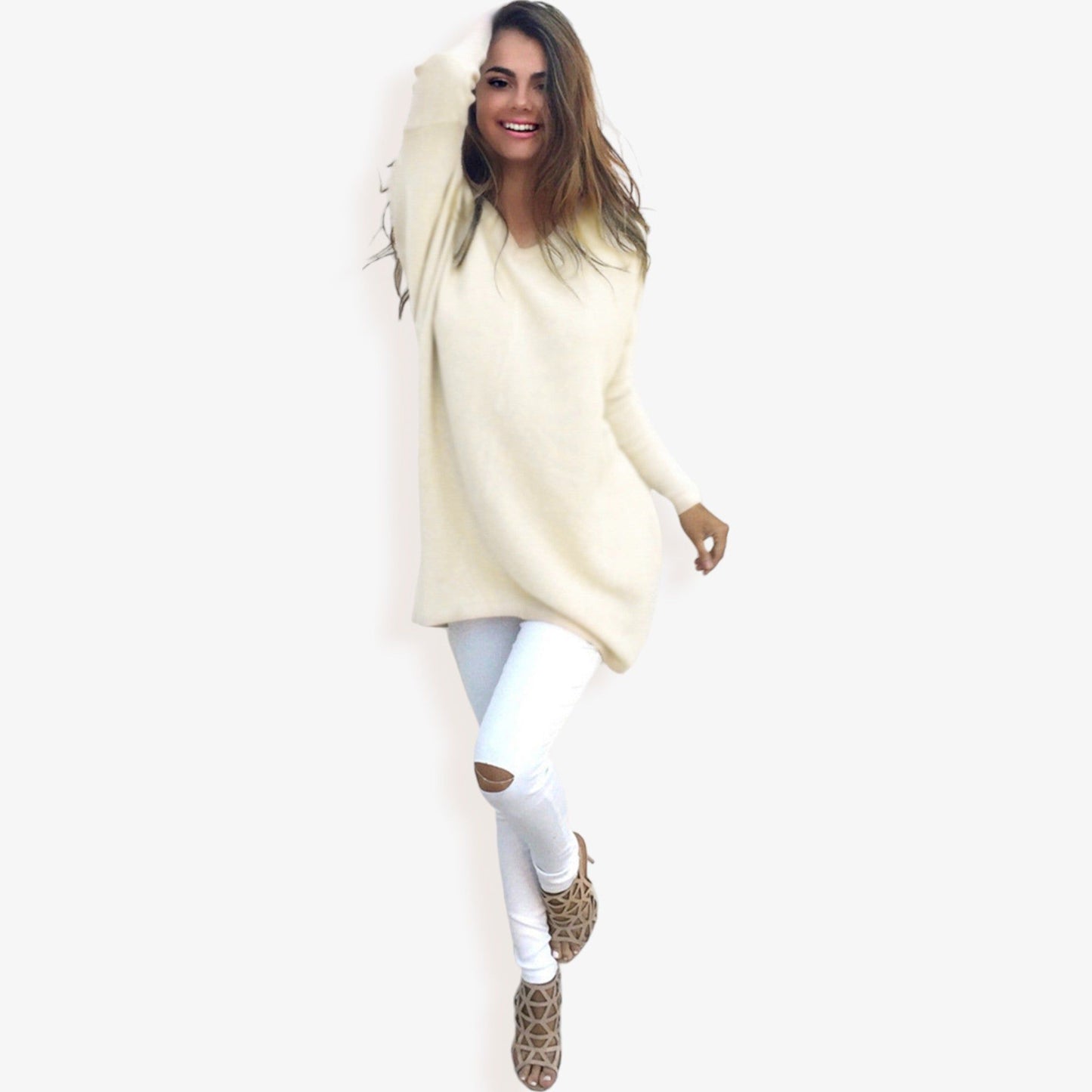 Oversized V-Neck Fleece Tunic Sweater Long Sleeve Cozy Top