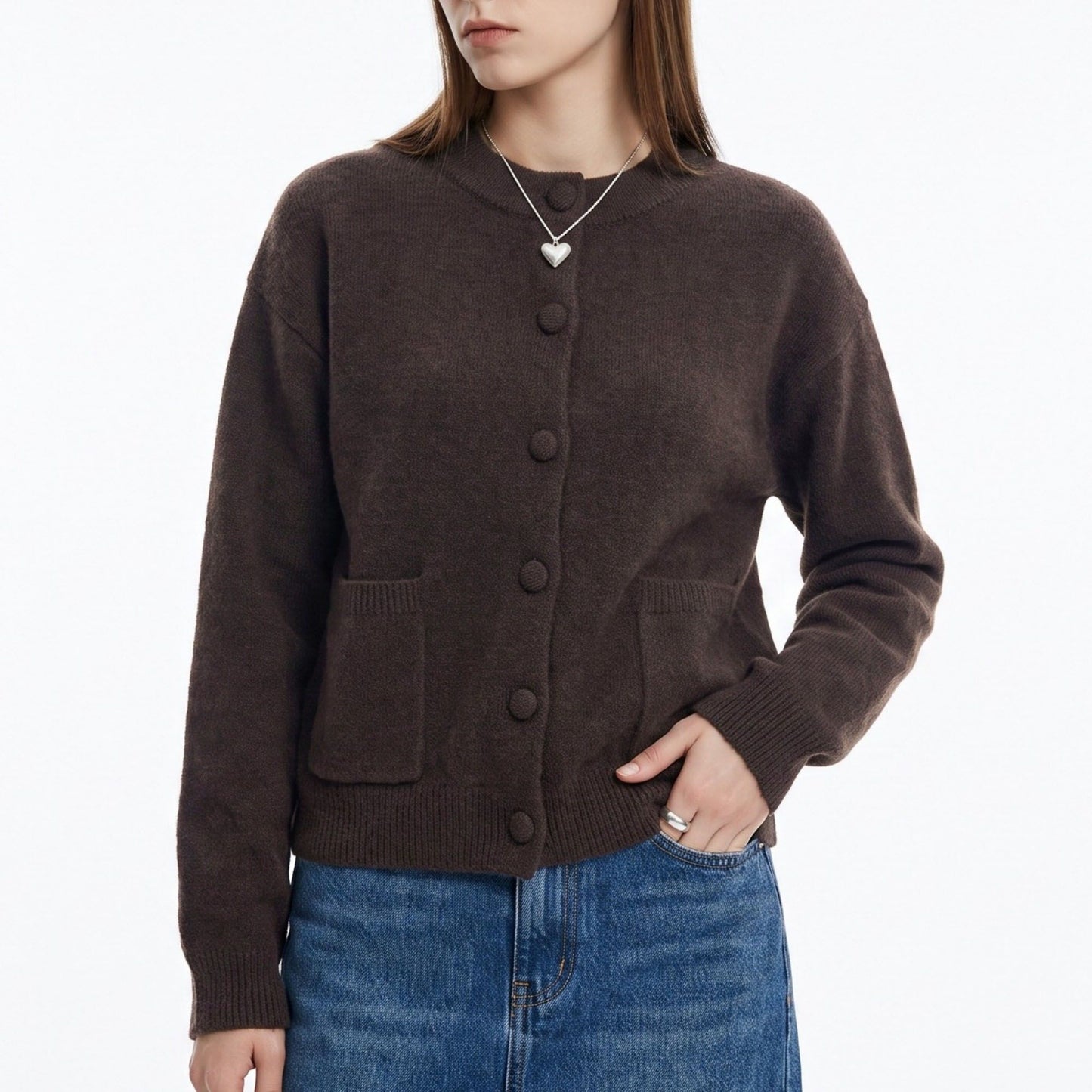 Soft Knit Crewneck Button Front Cardigan with Pockets