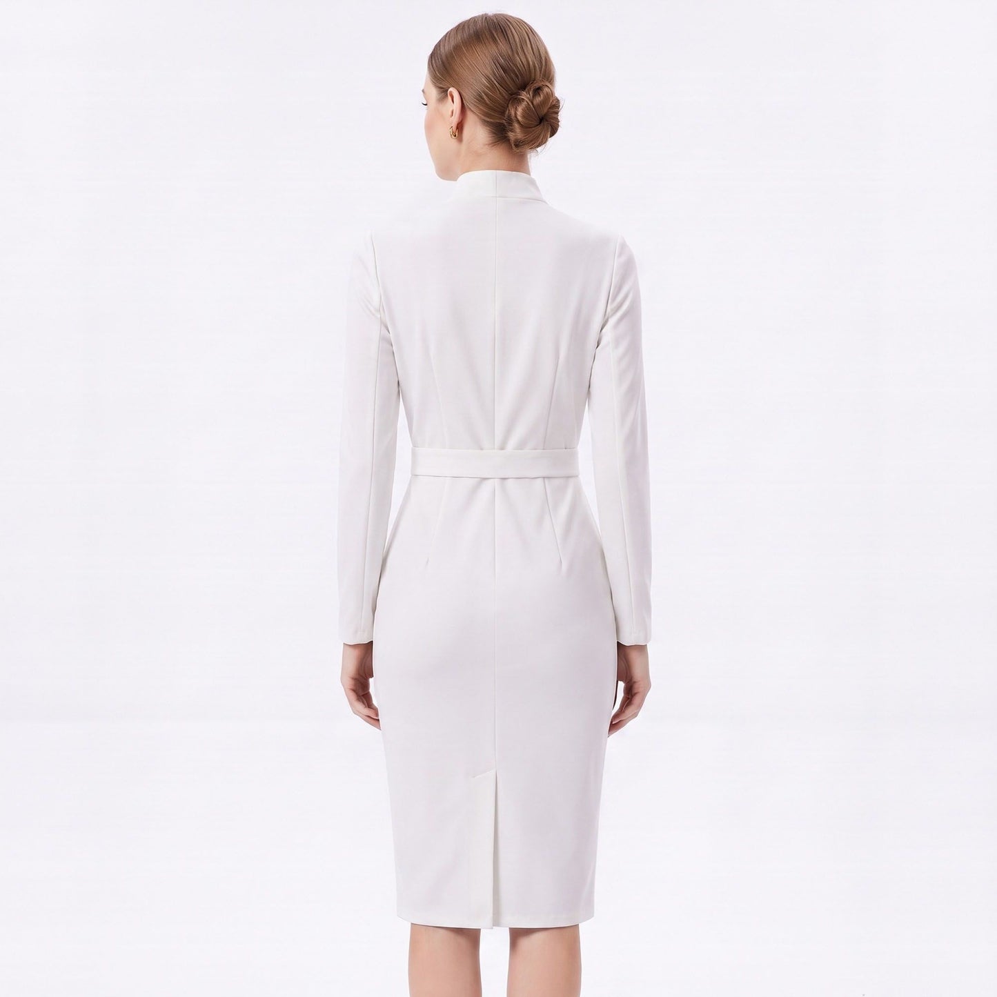 Long Sleeve Stand Collar Sheath Dress with Asymmetric Button Detail