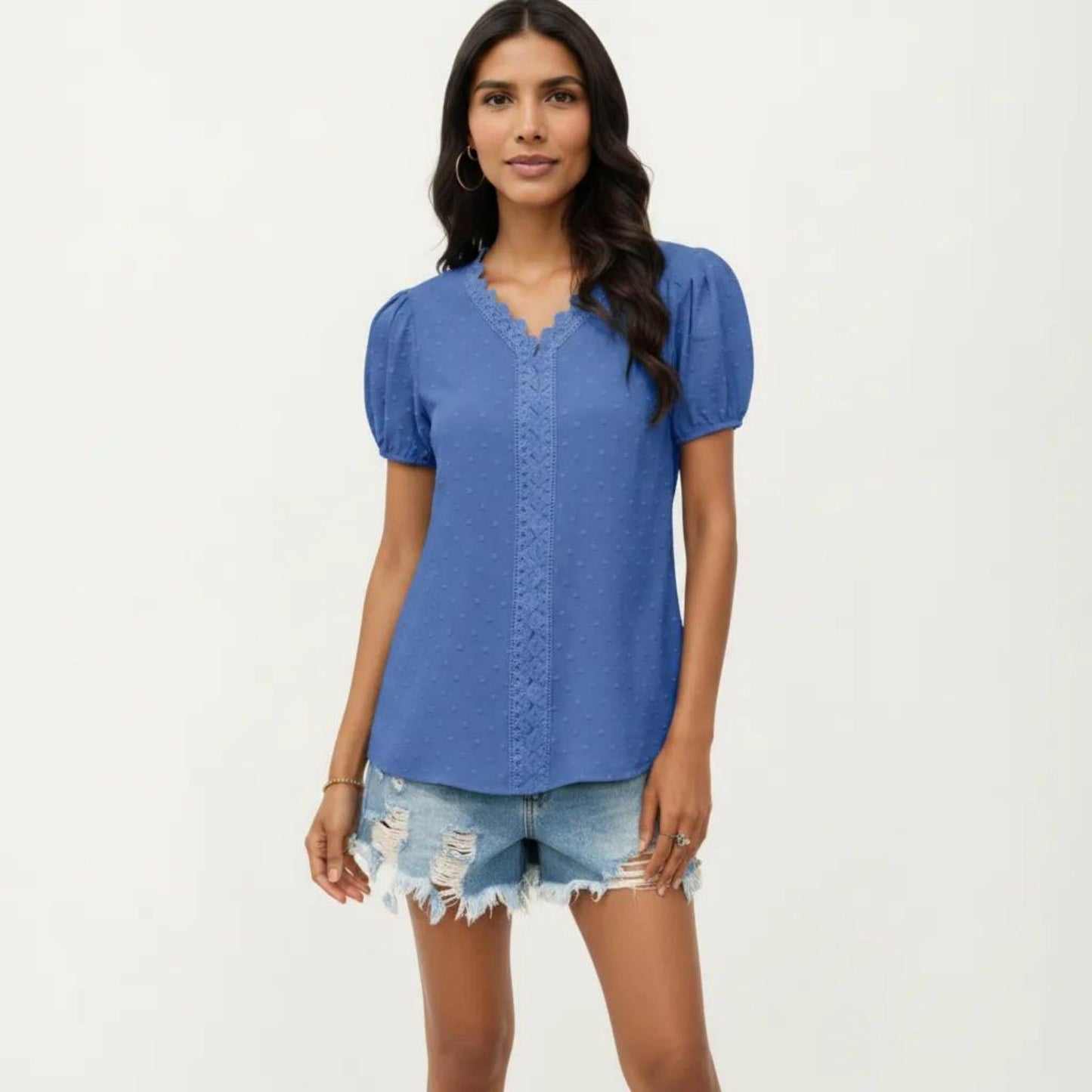 Short Sleeve Swiss Dot Top with Lace Trim V-Neck and Puff Sleeves