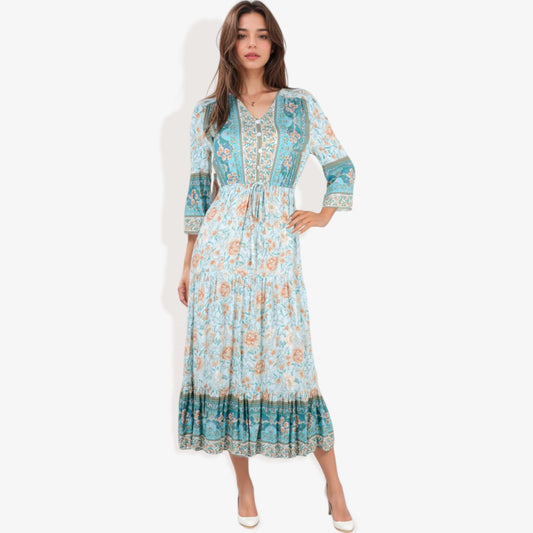 Bohemian Floral Midi Dress with 3/4 Sleeves Drawstring Waist