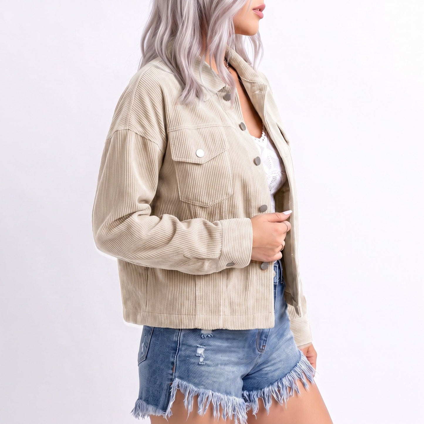 Cropped Button Front Shirt Jacket with Patch Pockets